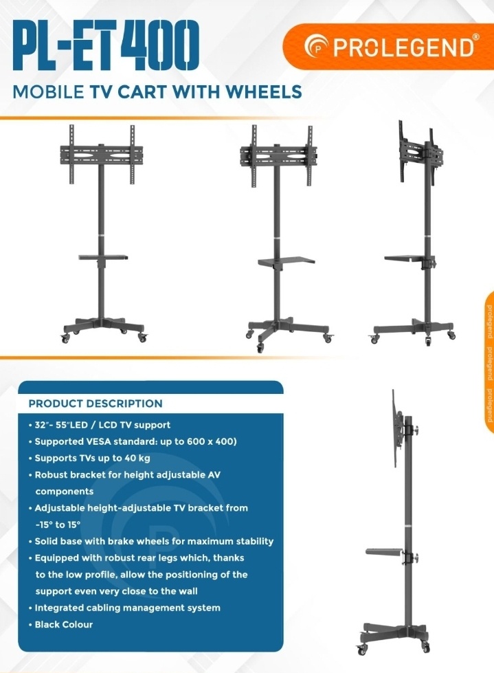 PROLEGEND PL-ET400 Mobile TV Cart with Wheels (32"–55")