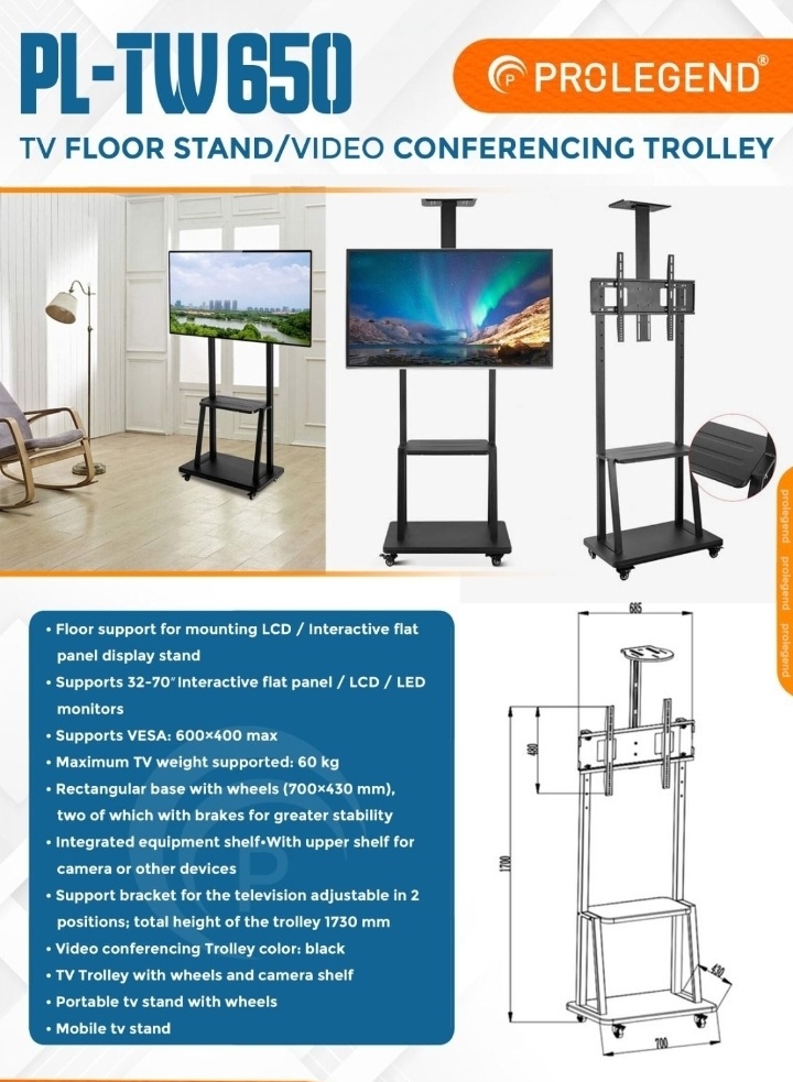 PROLEGEND PL-TW650 Mobile TV Floor Stand & VC Trolley (32"–70")